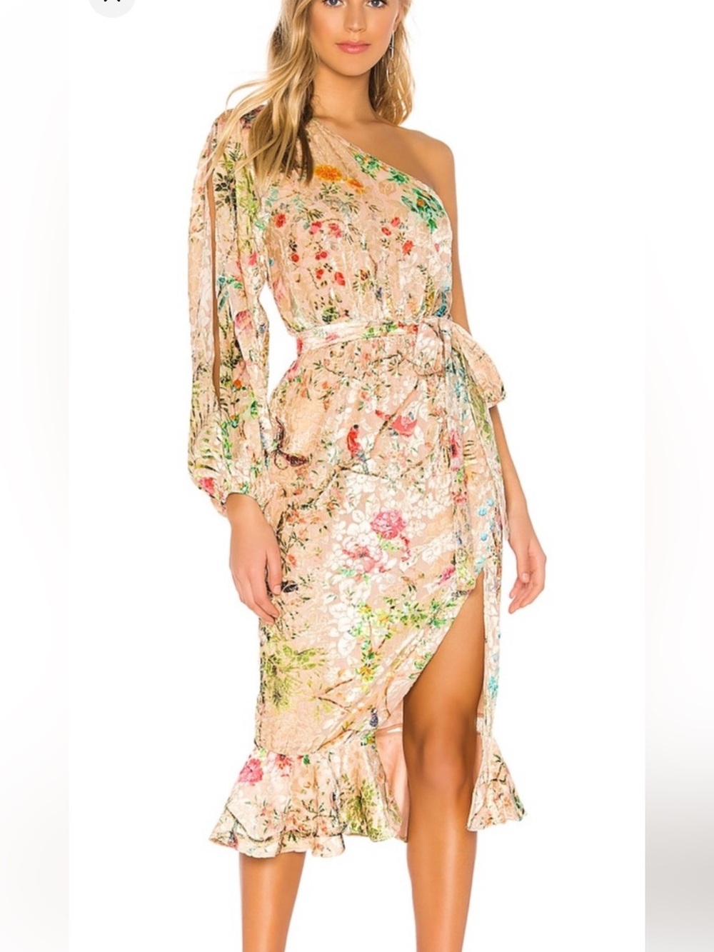 HEMANT & NANDITA Cream/Gold Floral One-Shoulder Wrap Dress